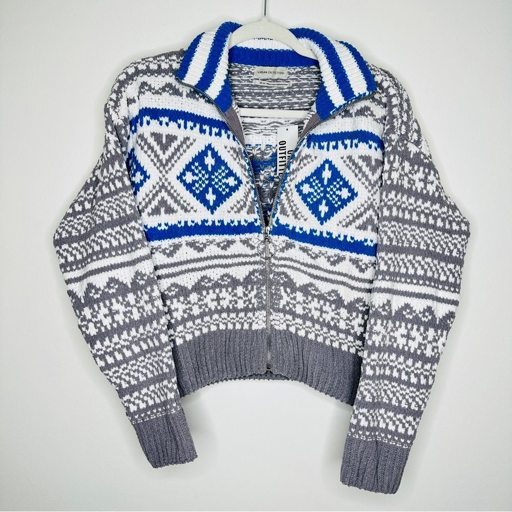 Urban Outfitters Soft Knit Holiday Winter Sweater Jacket Cobalt‎ Blue Gray